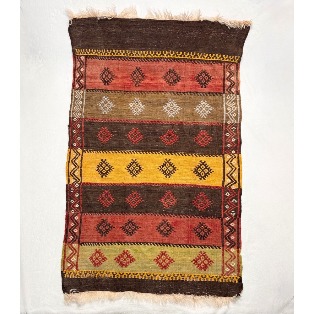 Vintage Hand Woven Kilim Wool Rug Geometric Tribal Striped 32x52 Multi Color
